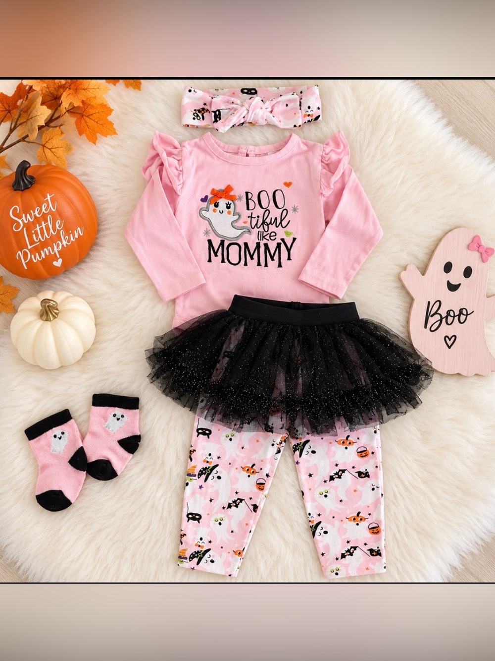Baby Essentials Baby Girl Halloween Outfit 12M Ghost Tutu 4 Piece Set